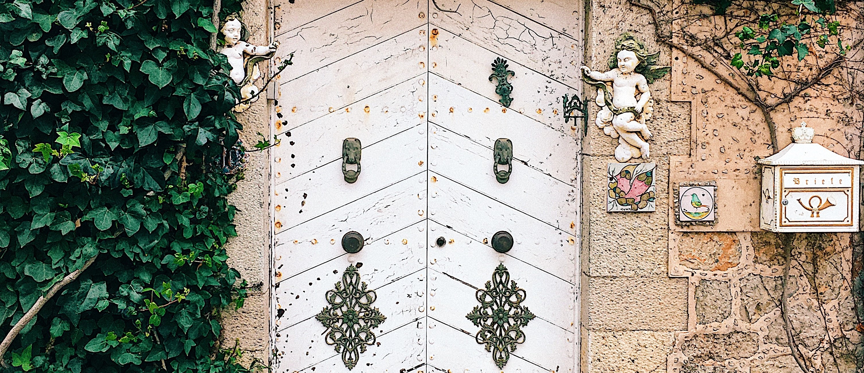 Haustür mit Efeuranken